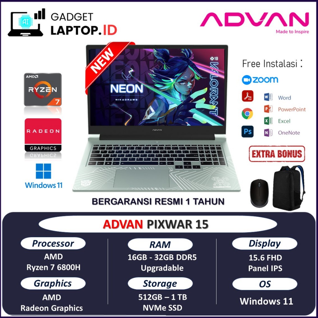 Laptop Gaming Advan Pixwar 15 AMD RYZEN 7 6800H 32GB DDR5 1TB 15.6 FHD IPS Touch Windows 11