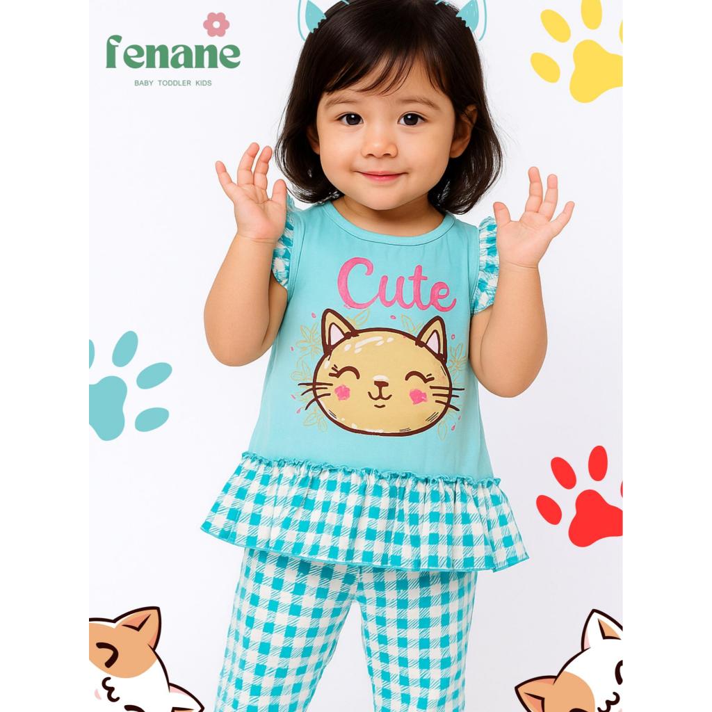 Fenane Cute Cat One Set Free Topi – Bayi Perempuan Motif Kotak Kotak Sablon | All Size 6-12 Bulan - 