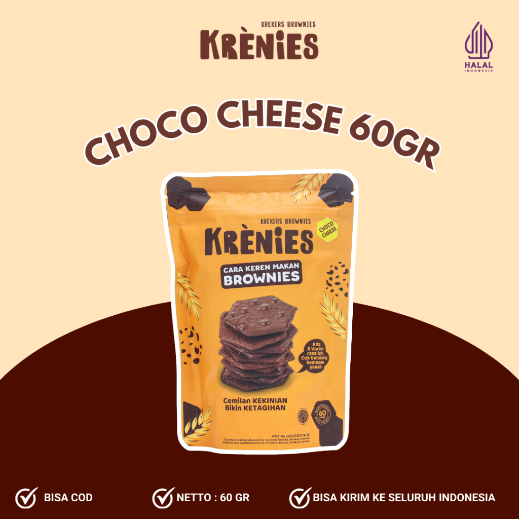 

KRENIES (KREKERS BROWNIES) - CEMILAN MANIS CRISPY BROWNIES KERING VARIAN CHOCO CHEESE 60GR