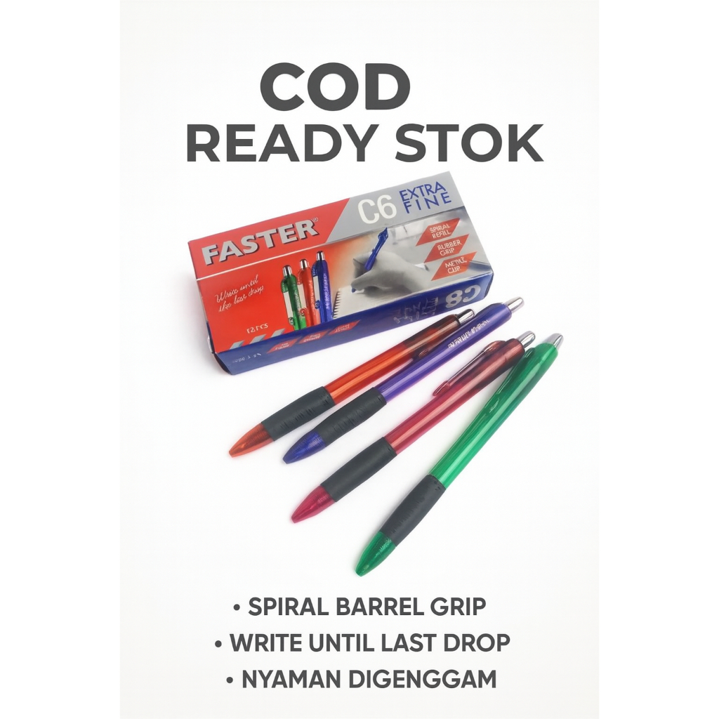 Pulpen Faster C6 Hitam Bolpoin Ballpoint Extra Fine - 1 Pack Isi 12 Buah / Bulpoin Faster 1 Pack