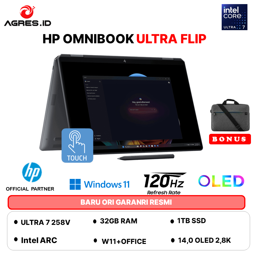 HP OMNIBOOK ULTRA FLIP 14 OLED ULTRA 7 258V - RAM 32GB 1TB W11+OHS 14.0 2.8K VRR 120HZ -FH0777TU