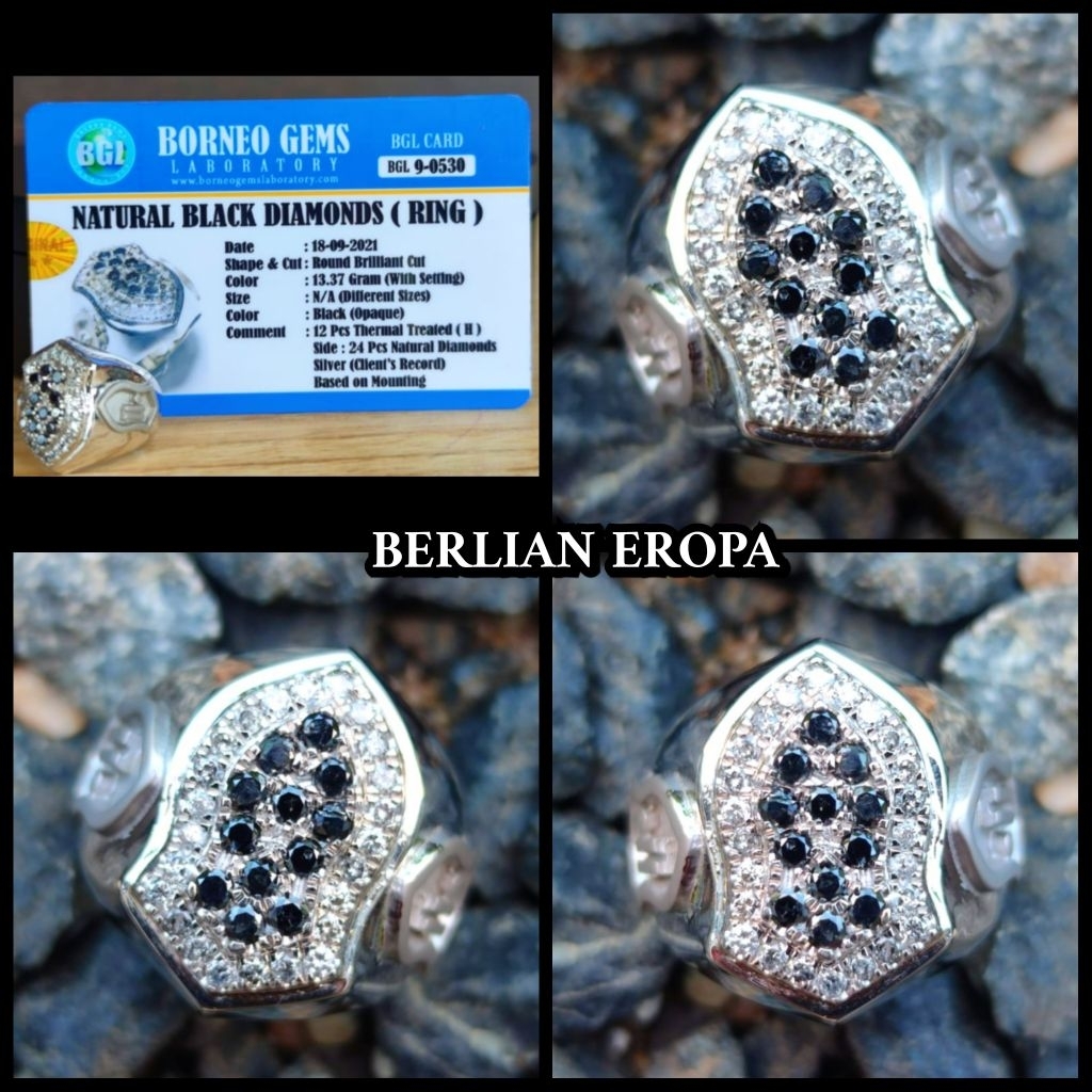 asli 100% batu berlian hitam + berlian putih banjar ( + ring perak )
