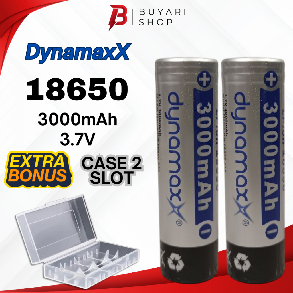 BONUS CASE Baterai 18650 Dynamax FlatTop 3000mAh Batre Power Bank Kipas Angin Portabel 2 PCS
