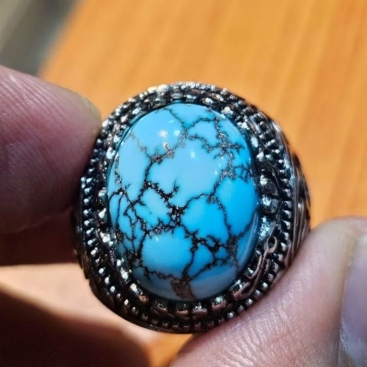 Natural Pirus Mesir Top Quality – Batu Akik Biru Serat Jala Elegan