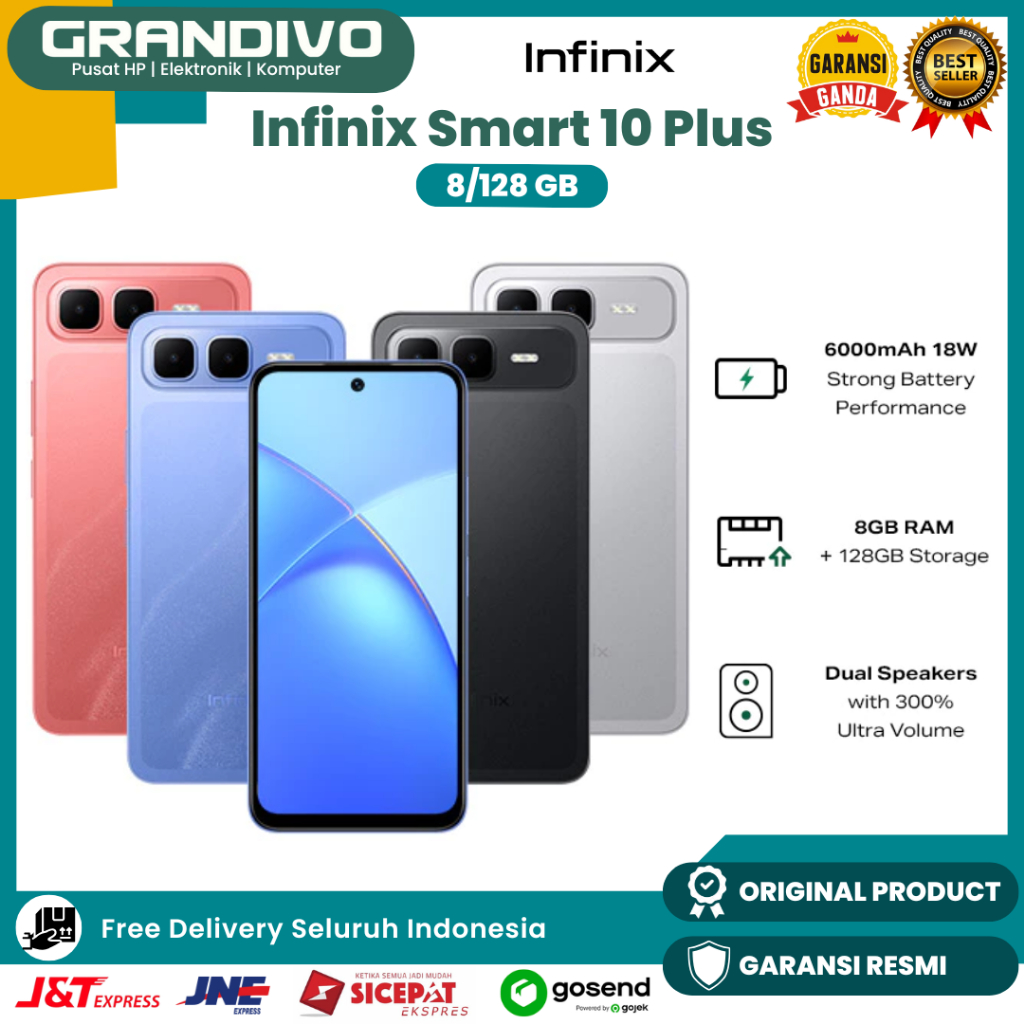 Infinix Smart 10 Plus 8+8GB/128GB Extended Ram 6.67" 120Hz IP64 Tahan Percikan Air 6000mAh NFC