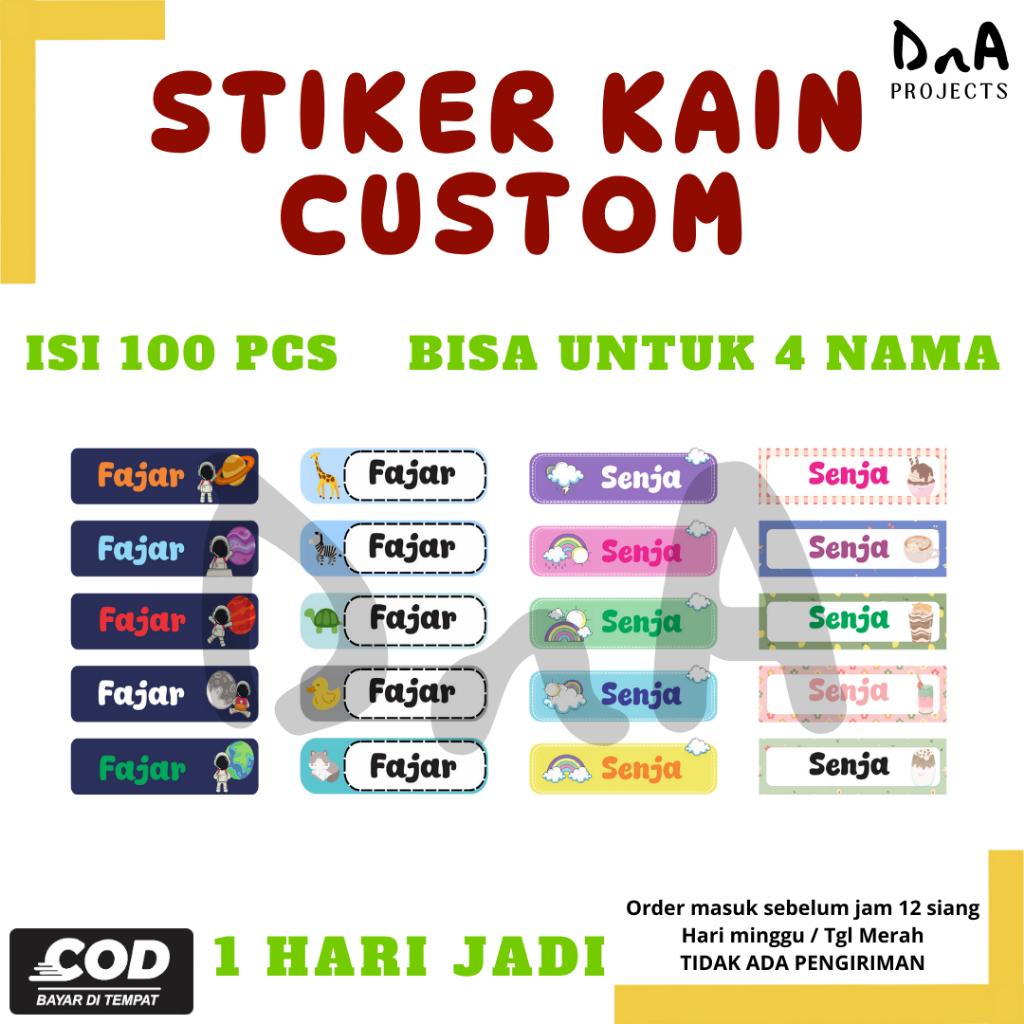

Isi 100 Pcs Stiker Kain Custom Label Nama Baju Setrika Anti Luntur Murah Bisa Untuk 4 Nama