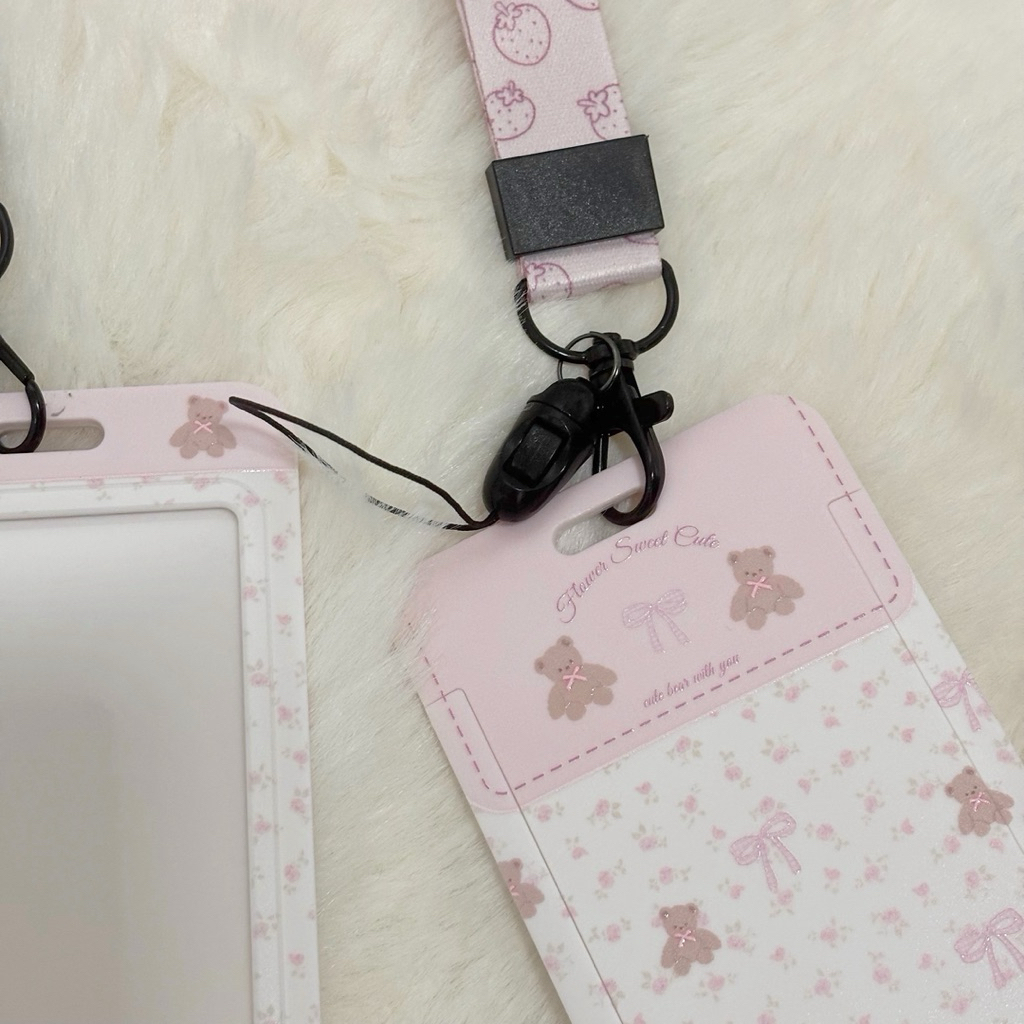 

Mocorie - Coquette ID Card Holder / Pink Ribbon Coquette Card Holder With Strawberry Lanyard / Card Holder Coquette Pita / Tempat Kartu Lanyard / Tempat Kartu Gantungan Tali