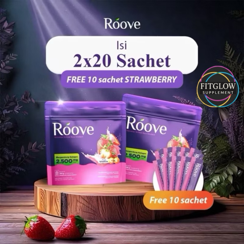 

ROOVE Strawberry 50 Sachet (2 Pouch Free 10 Sachet) Collagen Drink Blueberry Kurma Kopi HALAL BPOM