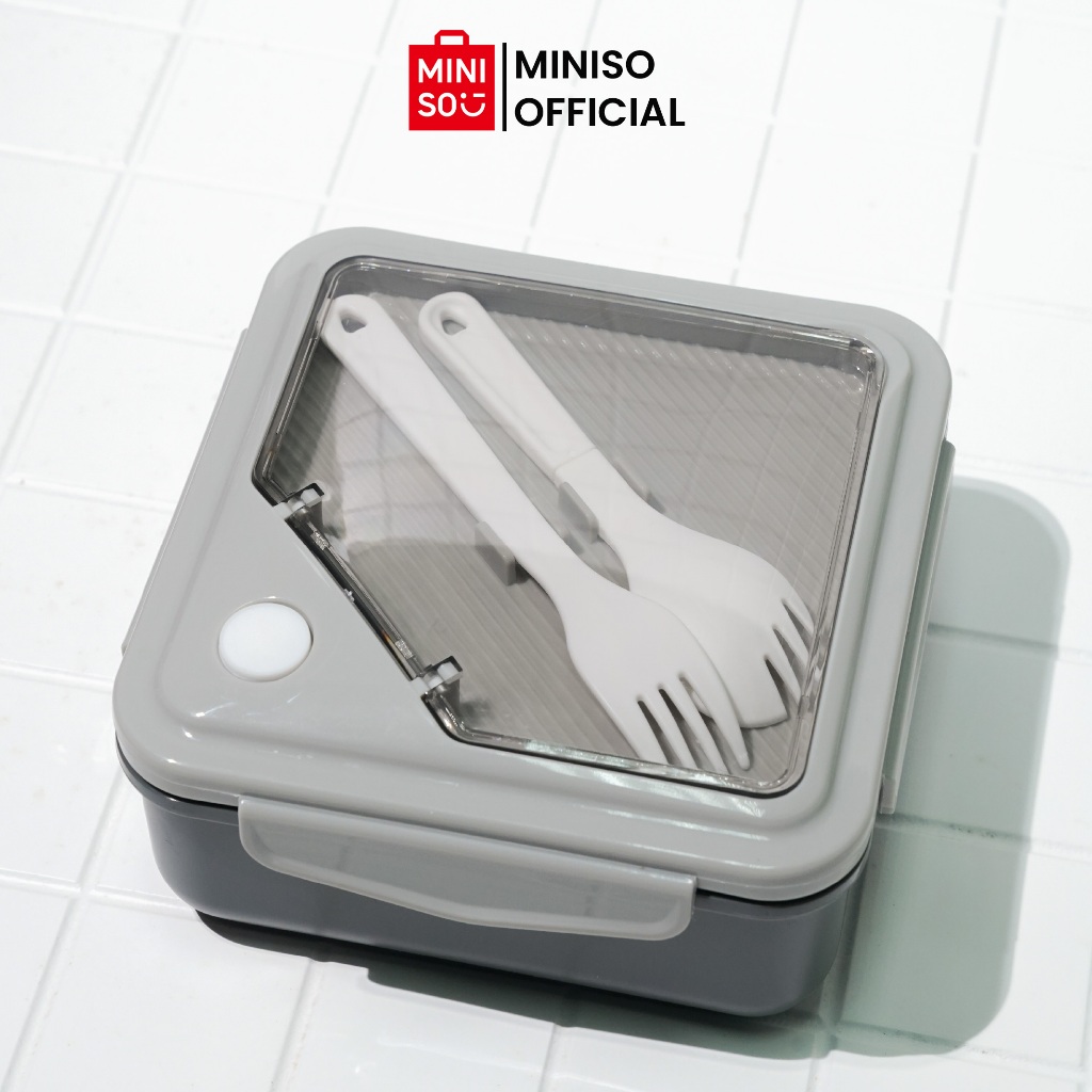 Miniso X Gaya Jepang Kotak Makan Bento 2 Grid 1100mL Lunch Box Degan Garpu dan Sendok