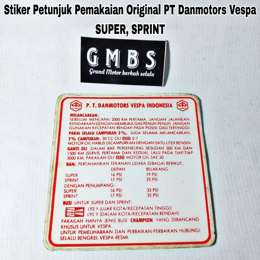Stiker Petunjuk Pemakaian Original PT Danmotors Vespa Super Sprint