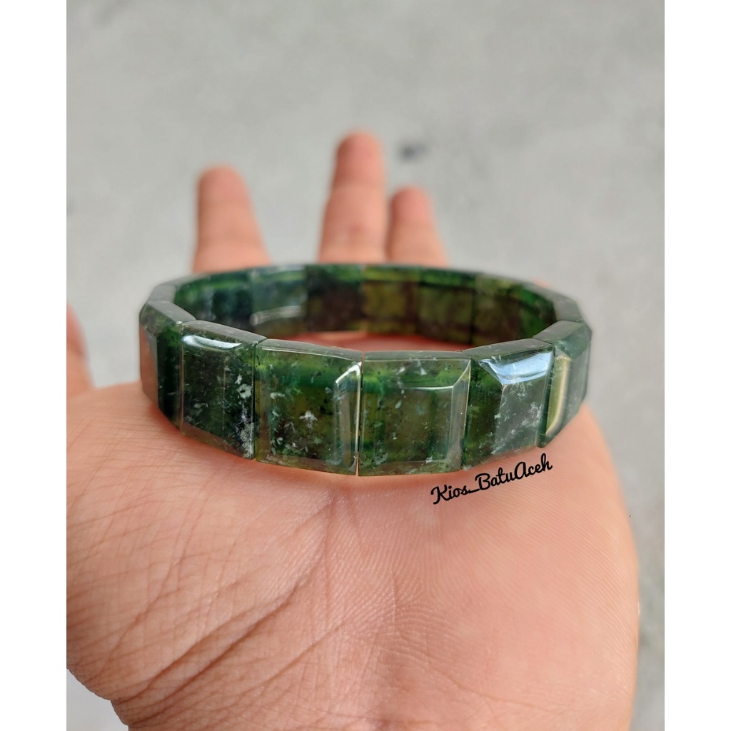 Gelang Batu Giok Black Jade Super Loreng Abstrak Original Asli Aceh Petak Cutting Full Tembus Krista
