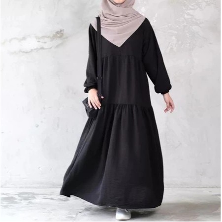 Baju Gamis Anak Hitam Putih Polos Serut Tanggung Remaja Terbaru Kekinian Bahan Crinkle Airflow