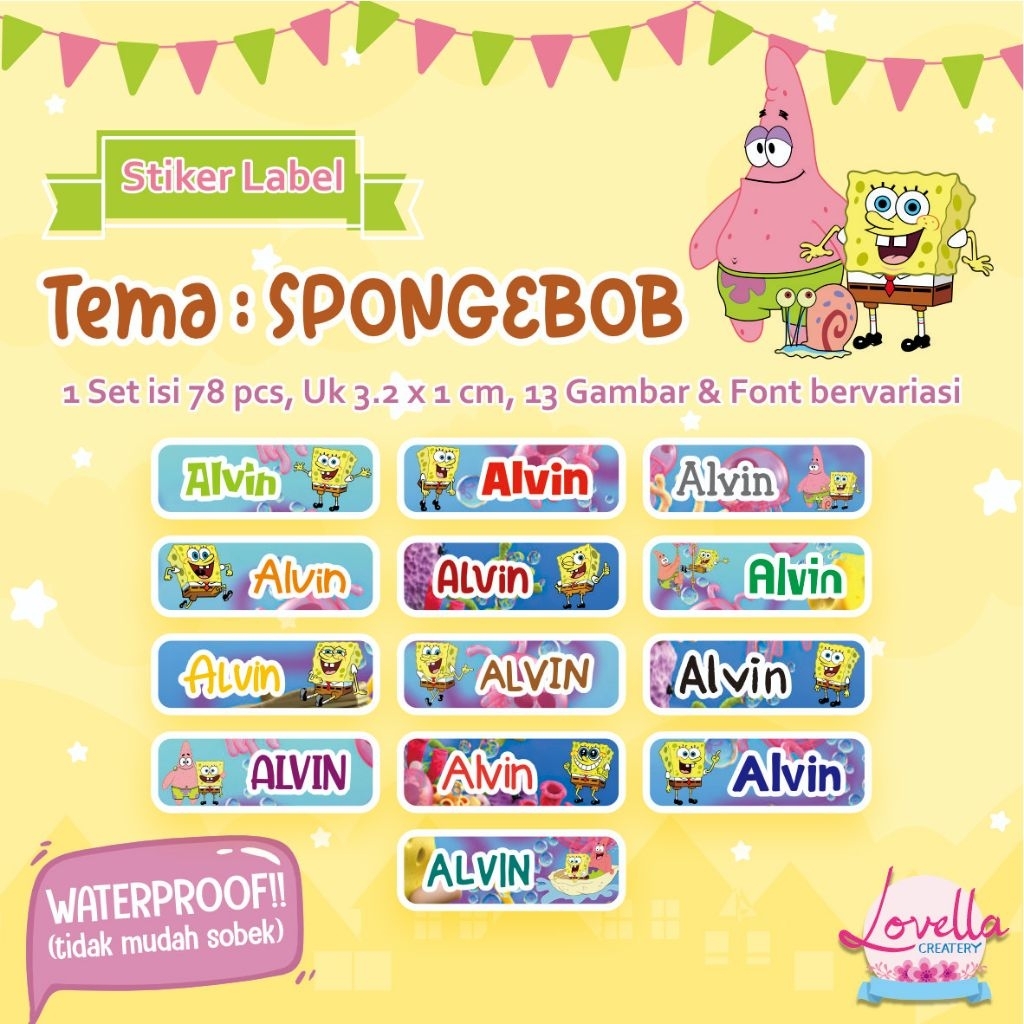 

STIKER NAMA ANAK / STIKER NAMA WATERPROOF TEMA SPONGEBOB