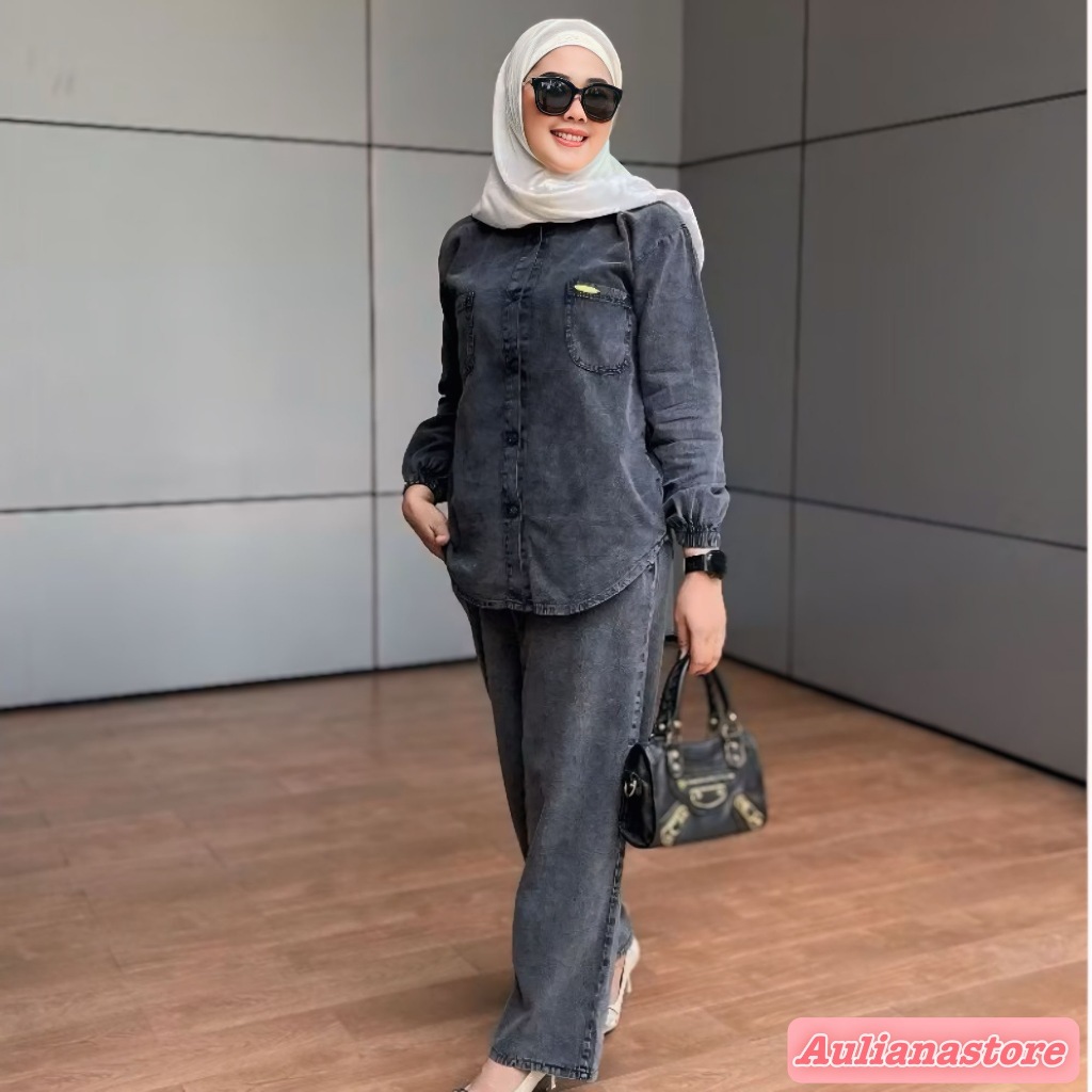 Albira Setcel Wanita Jumbo Terbaru Oneset Jeans Setelan Baju Dan Celana Kulot Wanita Dewasa Busui