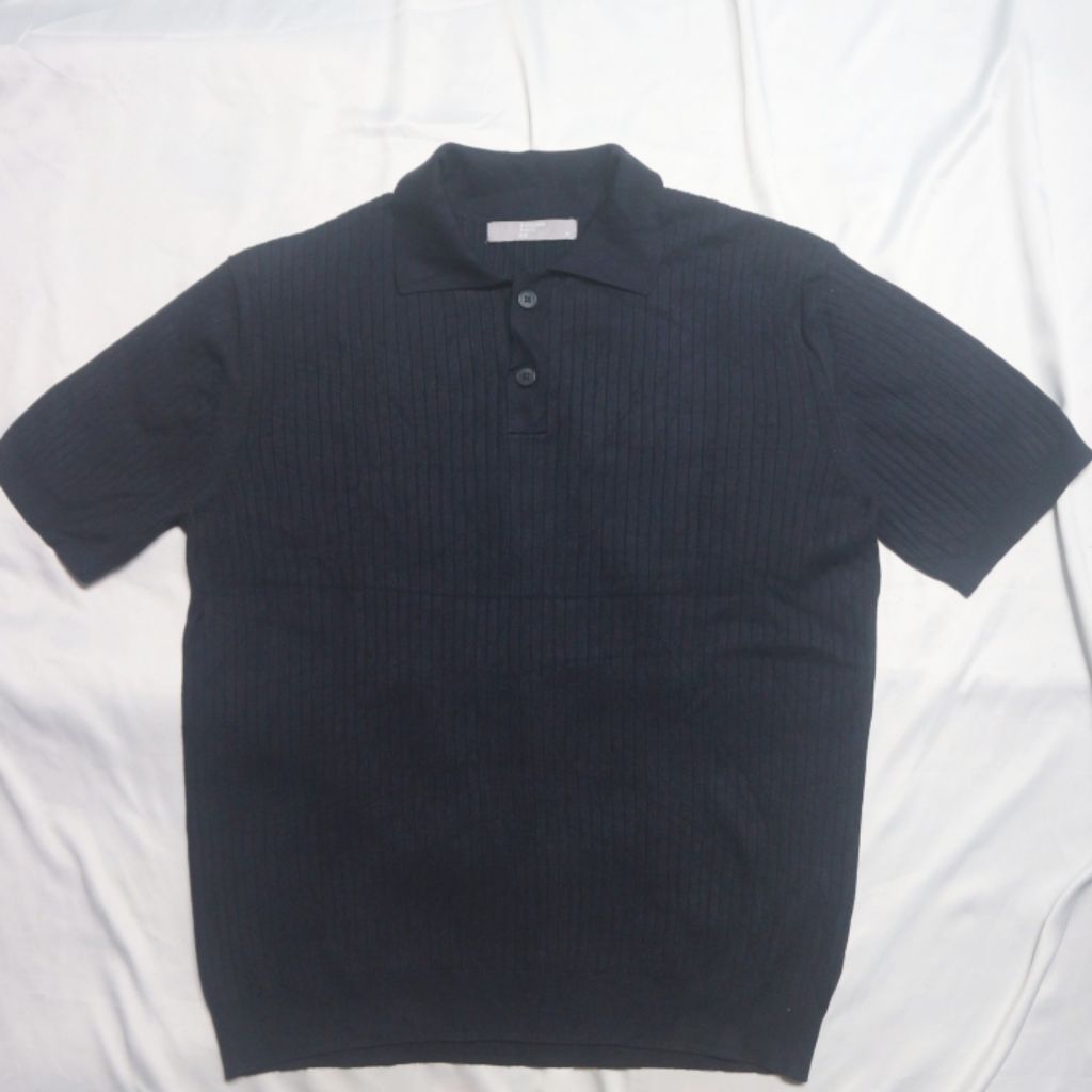 EIGHT SECONDS Short Shirt Knit Textures Garis Navy Kerah Pendek Adem 8Seconds Knitwear Sweater Sweat