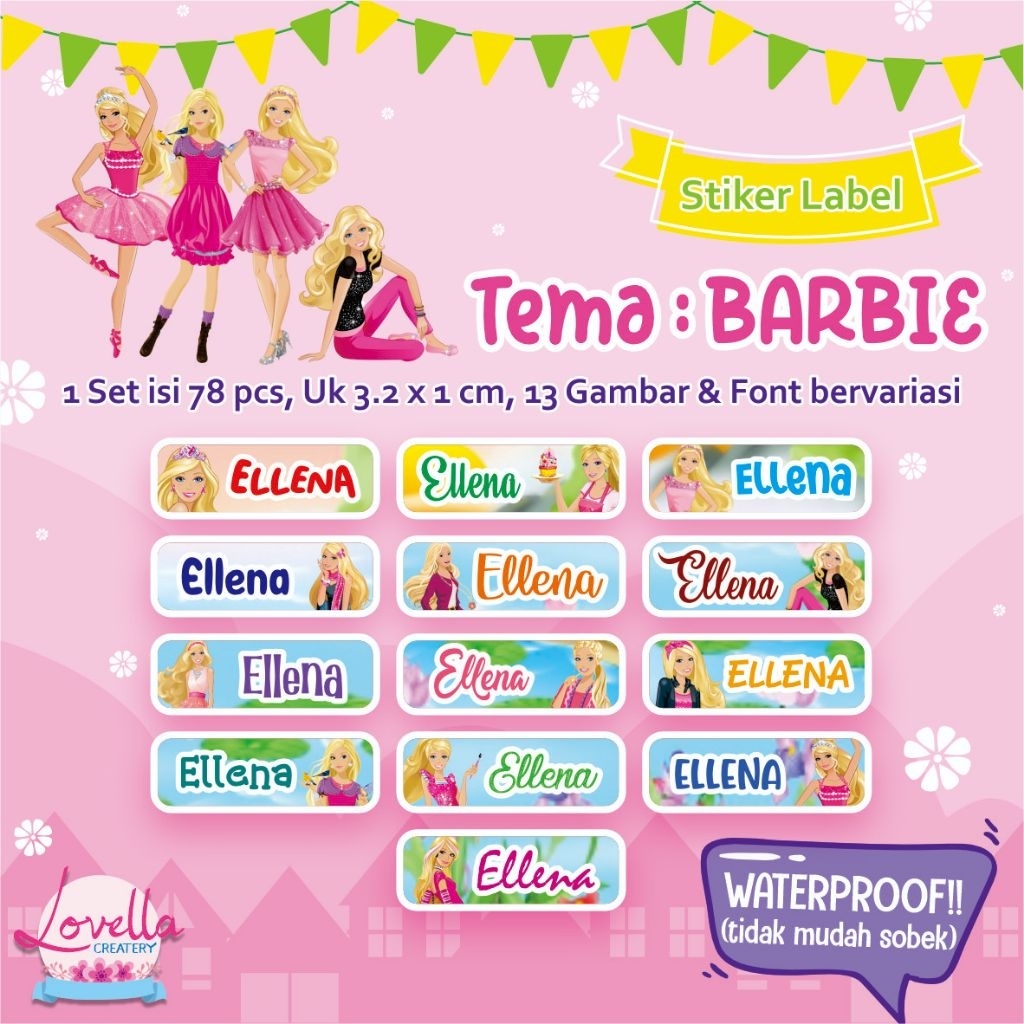 

STIKER NAMA ANAK / STIKER NAMA WATERPROOF TEMA BARBIE