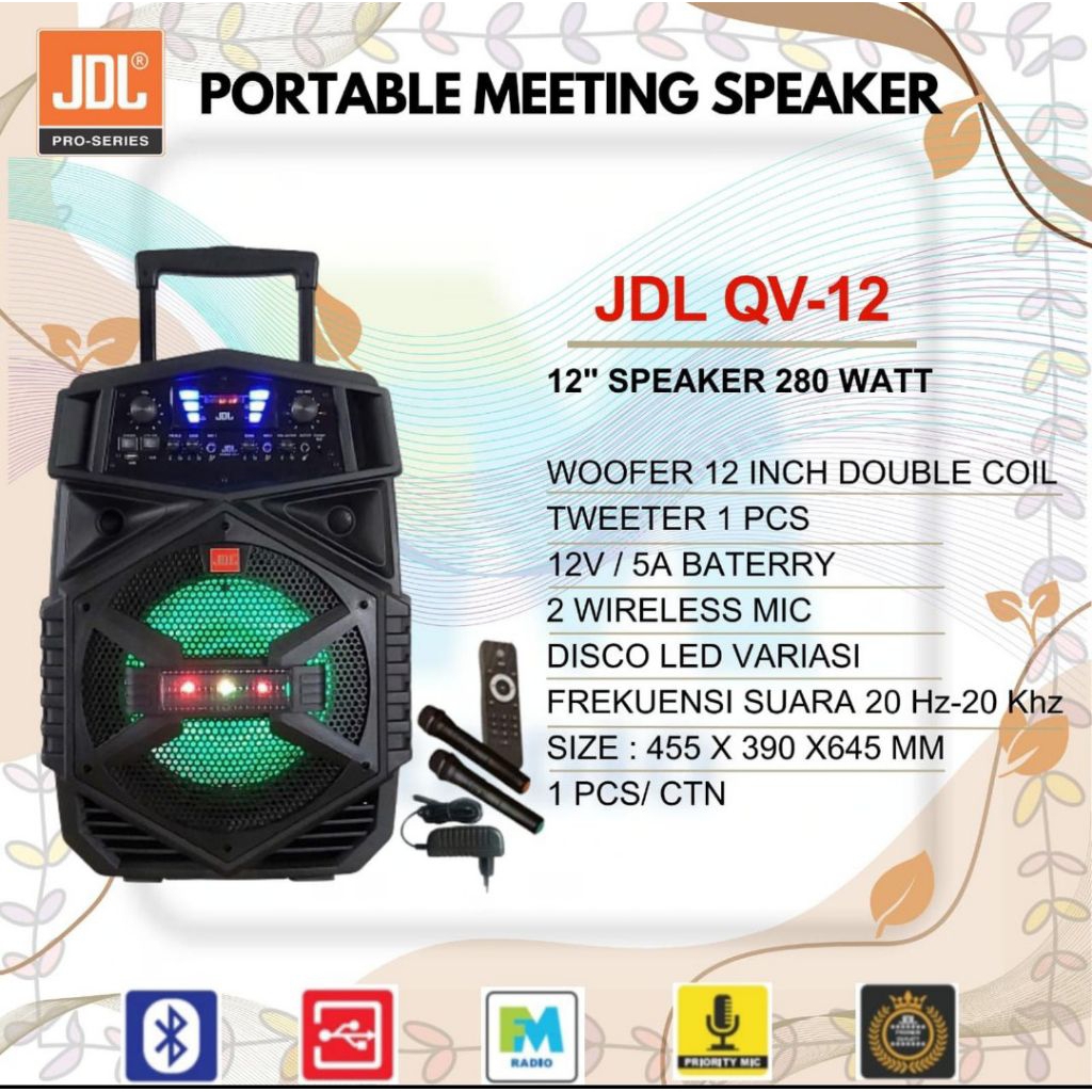 Speaker Portable 12 Inch JDL QV-12 Bluetooth 2 Microphone Wireless Original