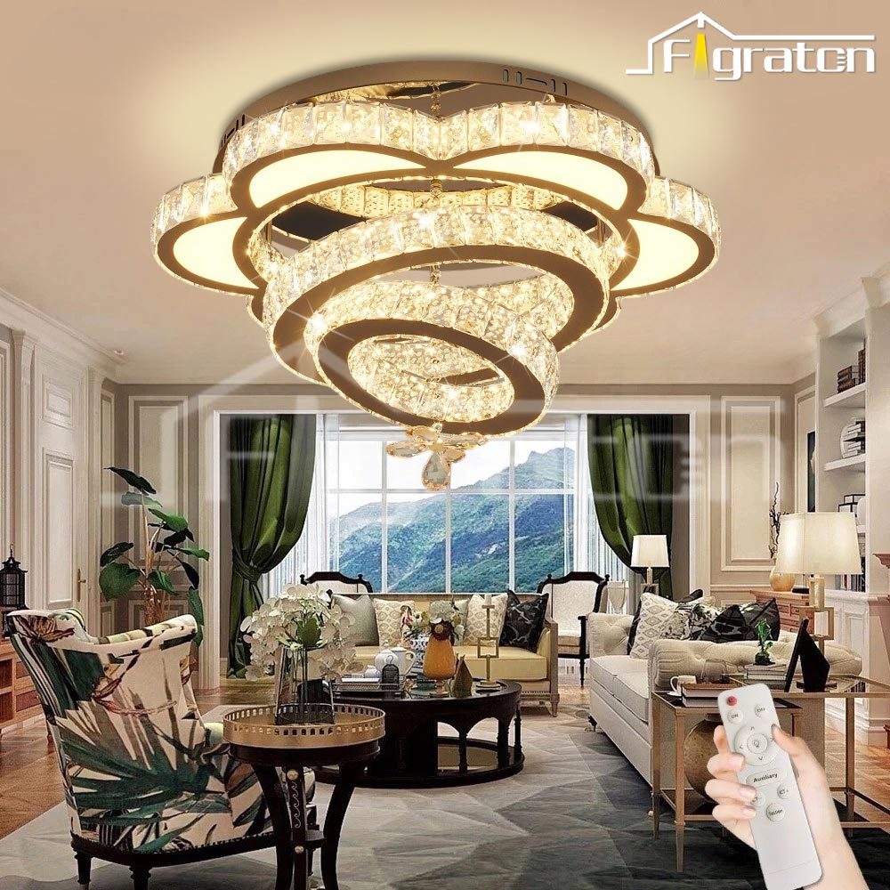 [Garansi 1 Tahun] Lampu Gantung Kristal Besar Ruang Tamu LED 3 Warna Remote Control  Bentuk Bunga de