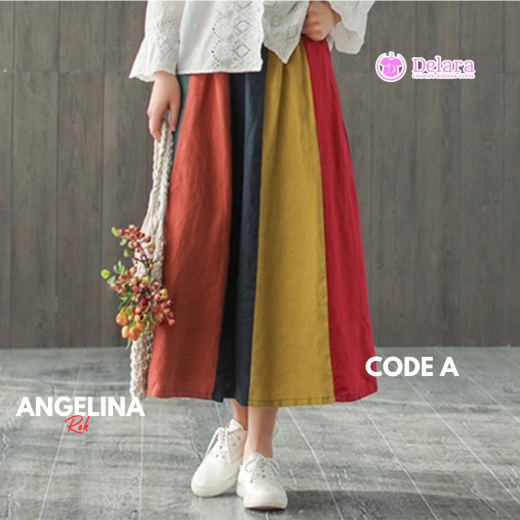 Delara l Fashion Wanita Model Rok Angelina Kombinasi Bahan Katun Linen