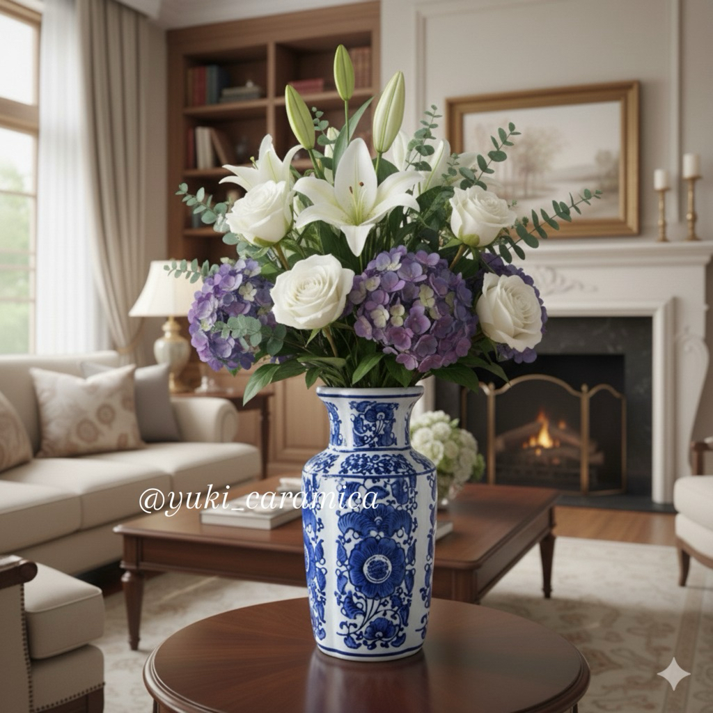 vas keramik biru putih / vas mini sakura / vas keramik china