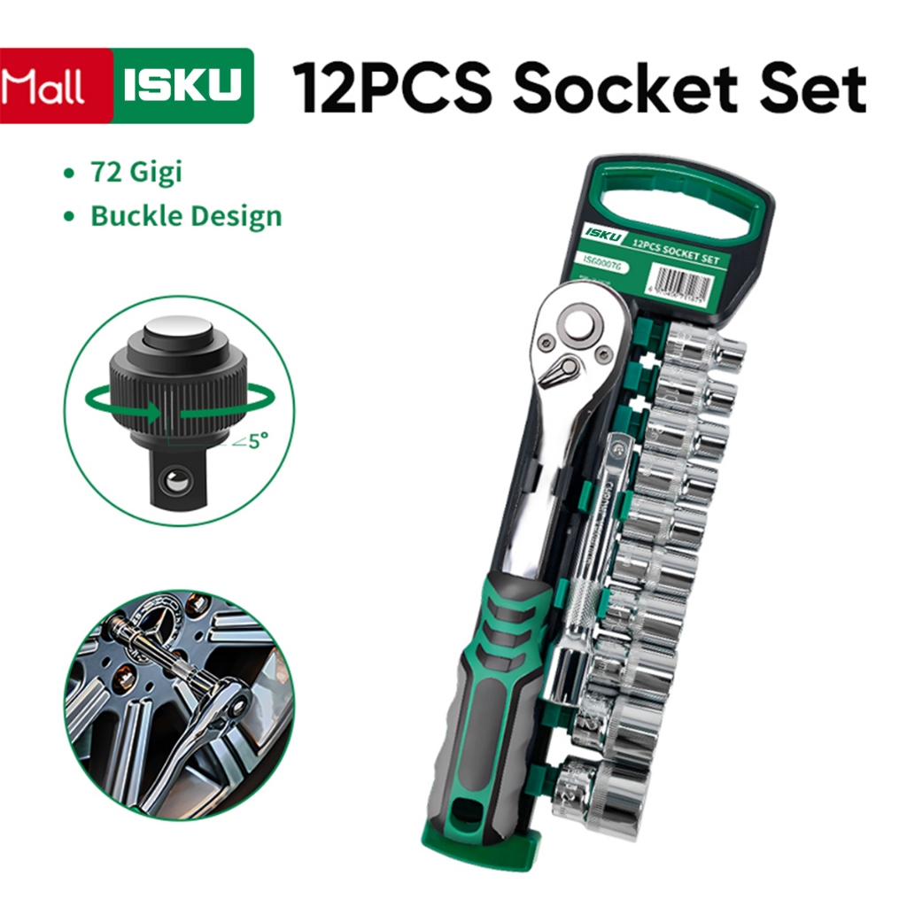 ISKU Kunci Shock Socket Wrench 12pcs 1/4 Inch 4-14mm Mata Sok Set Bahan Chrome Vanadium