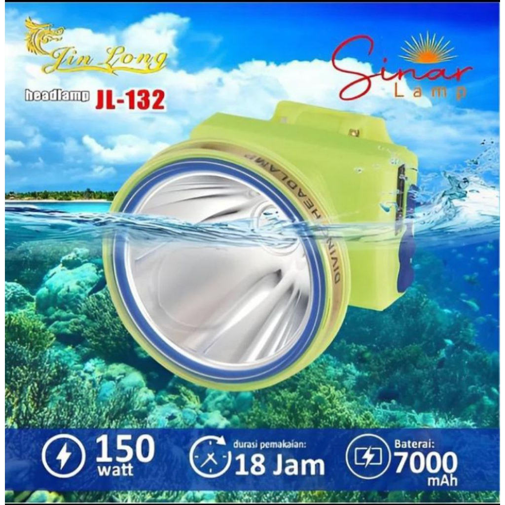 SENTER KEPALA SELAM JINLONG  WATERPROF JINLONG L-132P 150 Watt laser super terang Recharger adaptor 