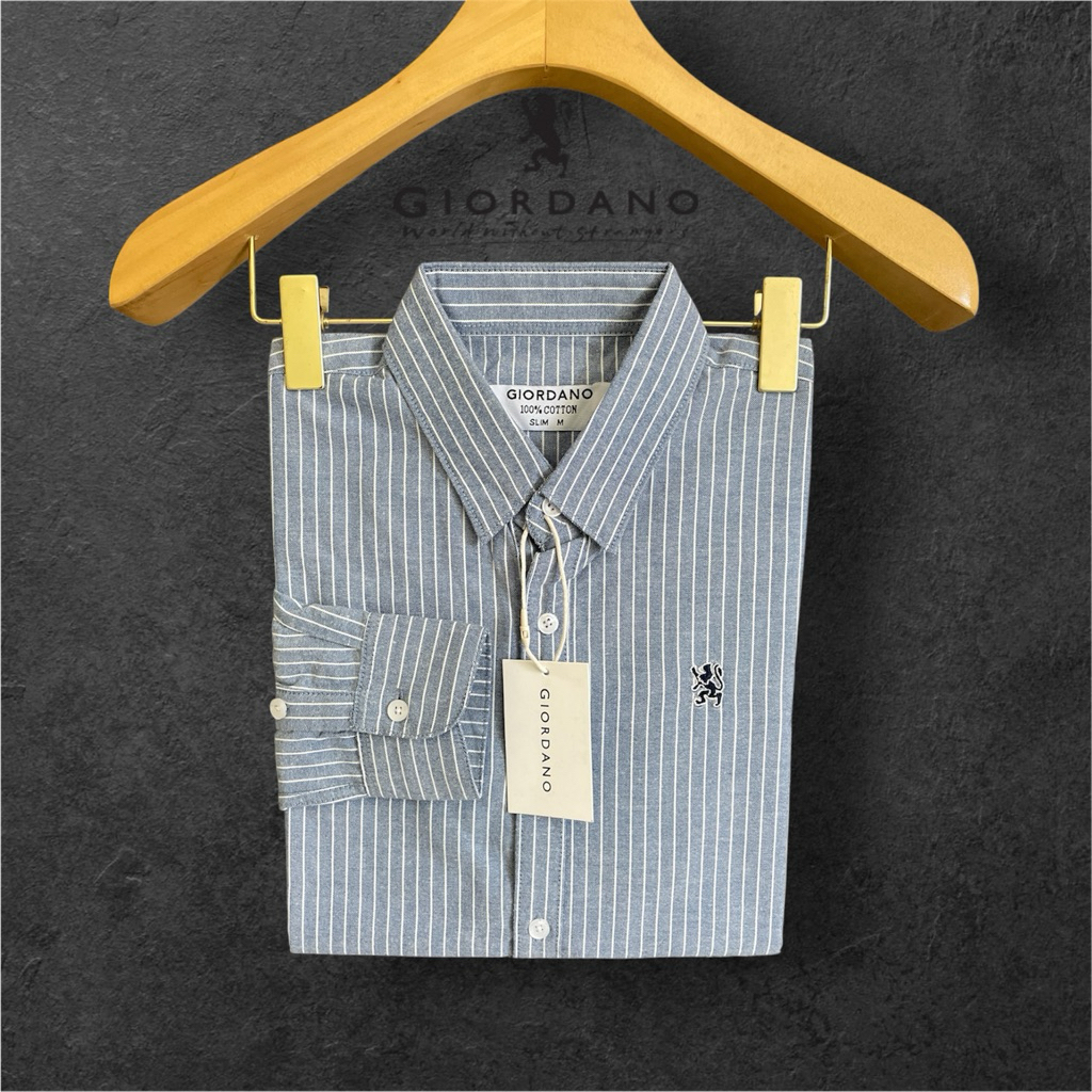 Giordano Kemeja Panjang Stripe Pria Slim Fit Denim Blue