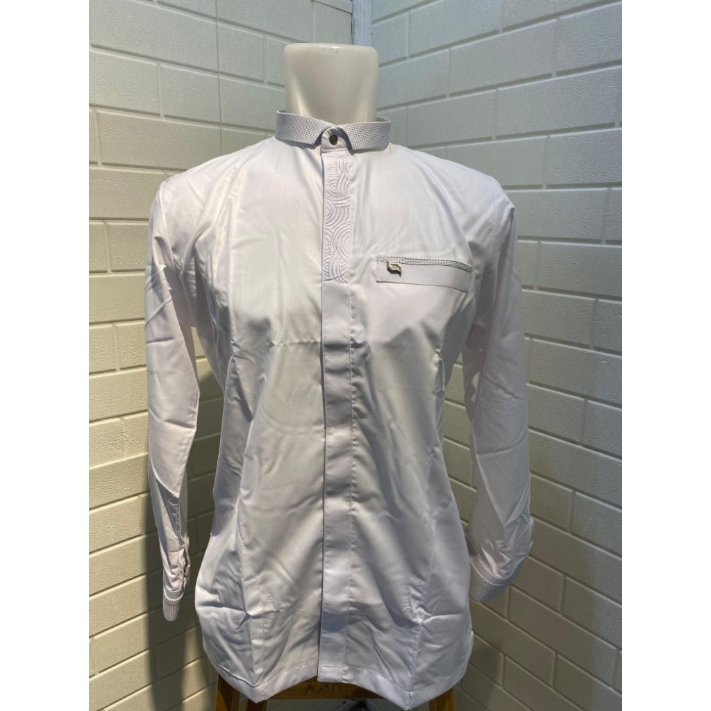 Alraz Fachri Baju Koko Busana Muslim Pria Warna Putih Polos Lengan Panjang Cuff