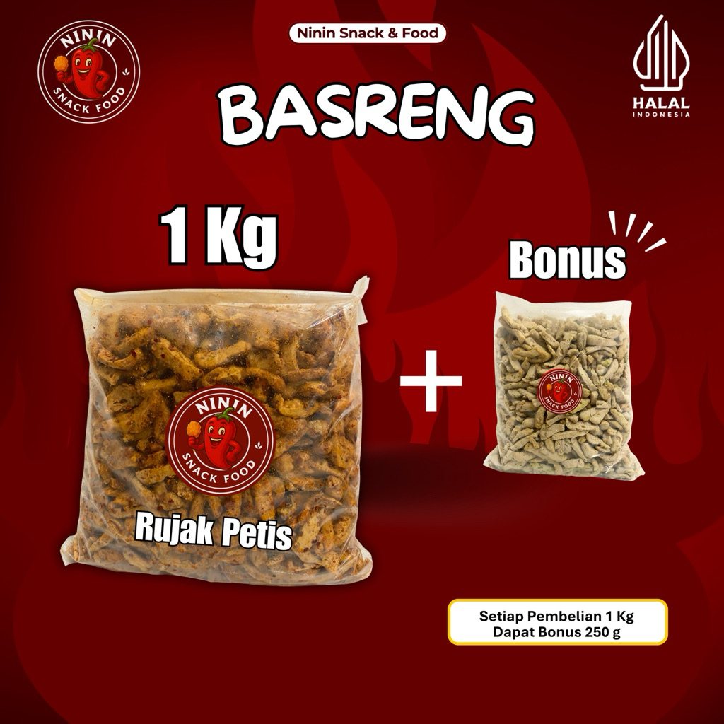 

Basreng Rujak Petis Pedas 1 Kg + Bonus 250 Gr Cemilan Makan Halal intans Renyah Ninin Snack food