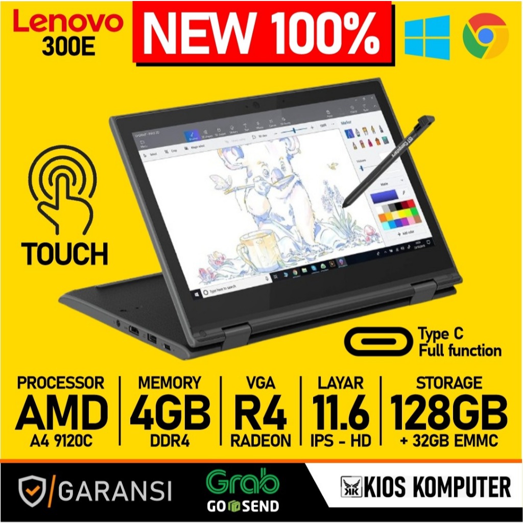 laptop lenovo 300e flip touchscreen flip amd 9120c 4/32+128ssd 11.6in ips chromebook/windows tablet