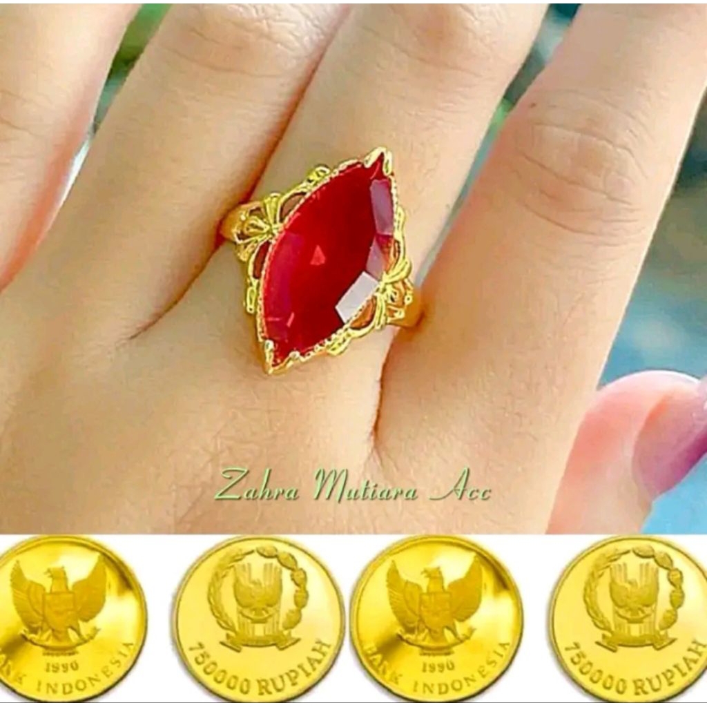 Cincin batu merah lonjong mata kucing berlapis koin 91