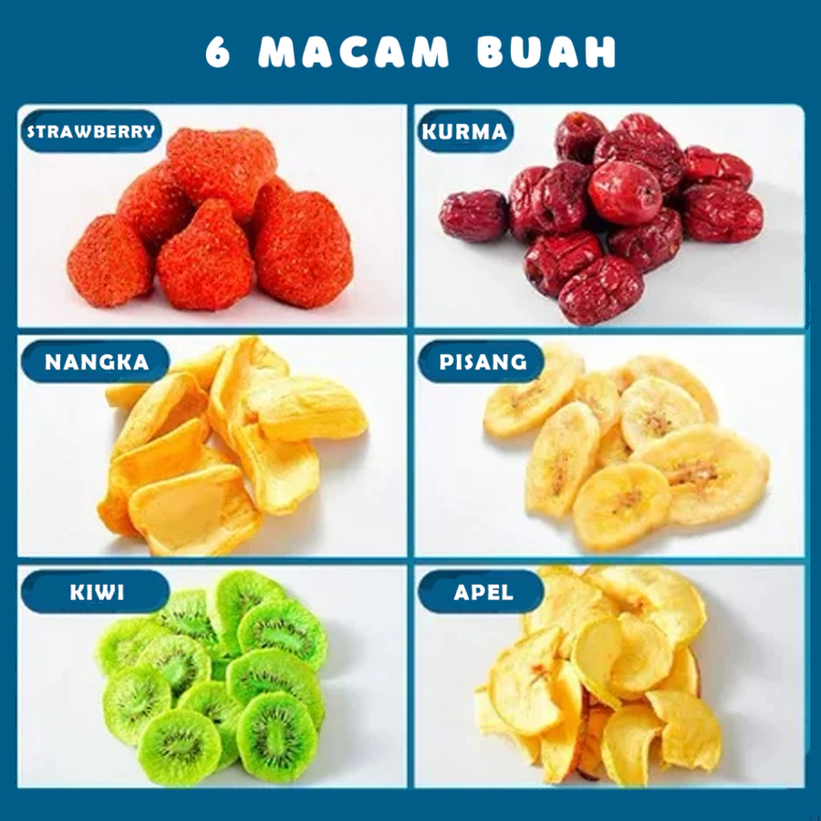 

Buah 6 Jenis - Qiao Mei Wei Snack Buah Renyah Sehat Ubi Okra Pisang Apel Lobak Buncis Wortel