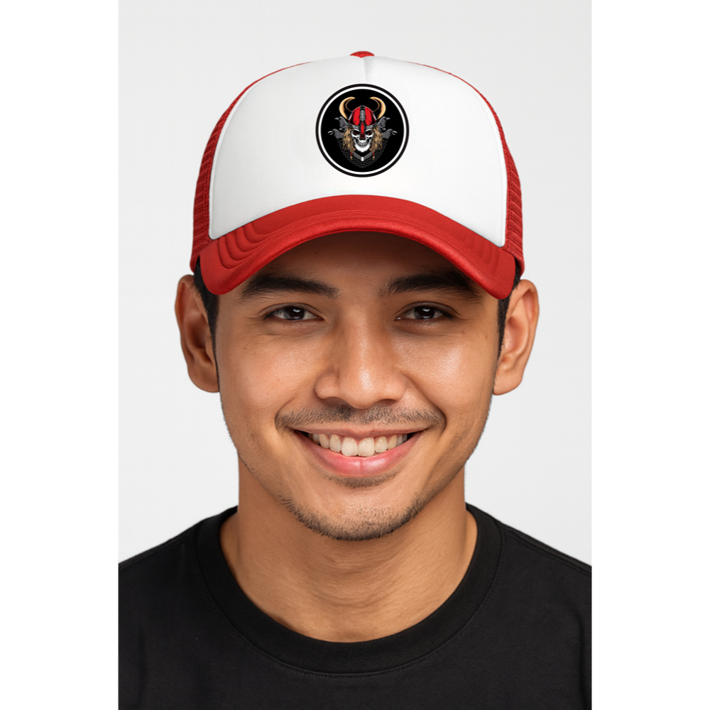 Topi Jaring Trucker Pria Keren Sablon DTF Tengkorak Kerbau