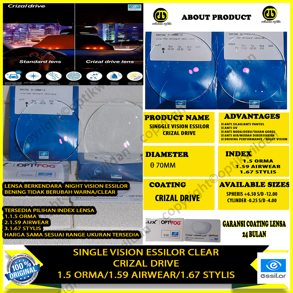 ESSILOR NIGHT VISION SINGLE VISION GOSOK/PO PABRIK CRIZAL DRIVE NIGHT VISION