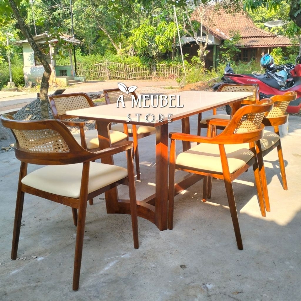 DINNING SET MINIMALIS TOP TABLE MARMER MEJA (UK. 180x80cm) TEBAL 3cm KOMBINASI 6 KURSI MAKAN CAFE MO