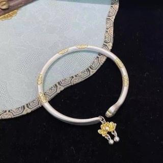 Gaya Nasional Daun Teratai Perak Murni S9999Gelang Perak Sterling Berlapis Emas Pola Ular