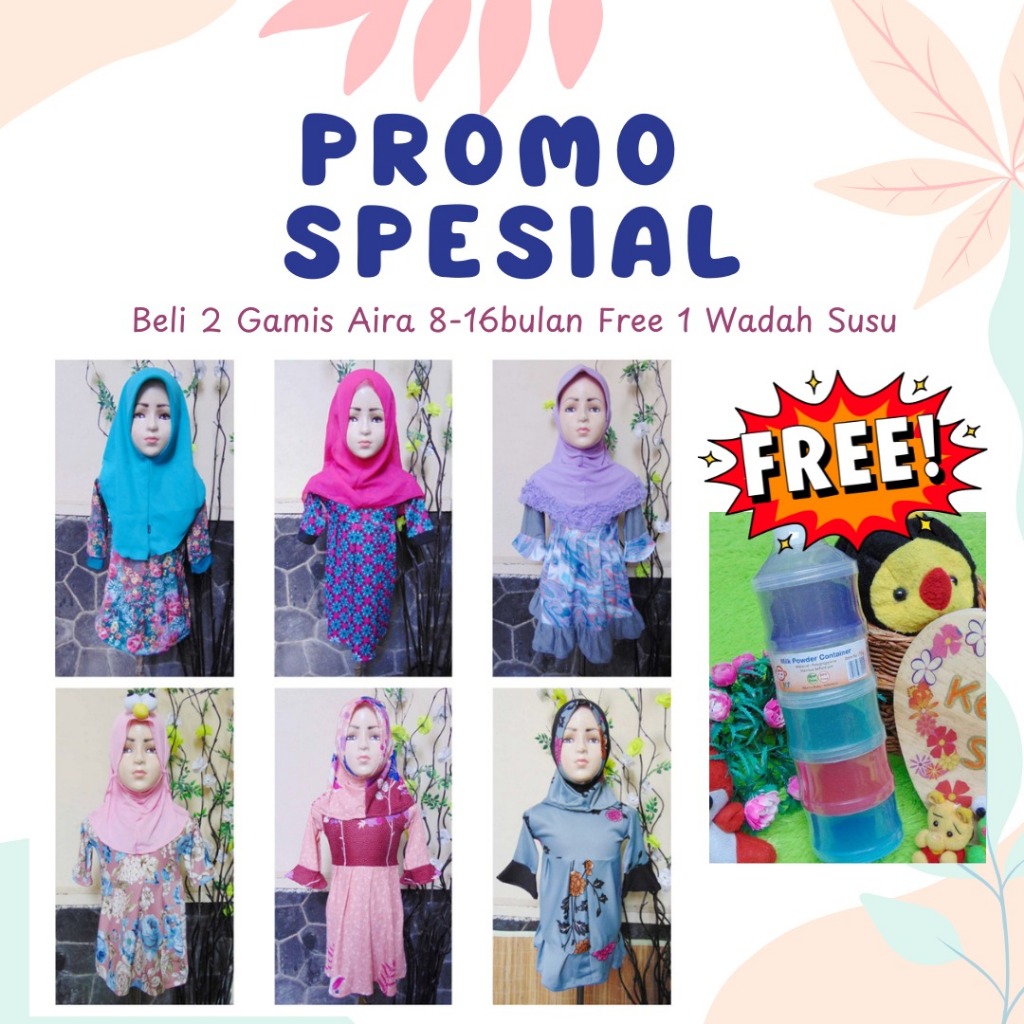 [BELI 2 GRATIS 1 WADAH SUSU] Baju Muslim Gamis Aira 6-18bulan Anak Bayi Perempuan Plus Hijab