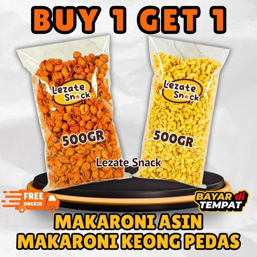

(BUY 1 GET 1) Makaroni Pedas Daun Jeruk 500gr Kerang Gratis Makaroni Asin 500gr LEZATE SNACK