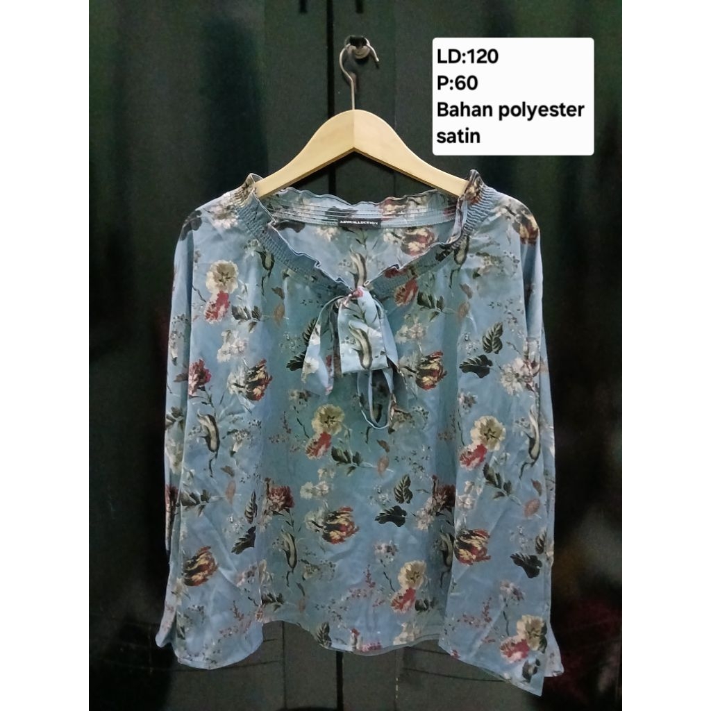 (COD)Atasan blouse lengan panjang wanita motif bunga-bunga warna biru