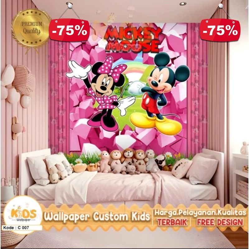 Wallpaper Dinding Custom 3D Tema Mickey Mouse | Kamar Anak Cewe | Animasi Anak | Animasi Hewan | Wal
