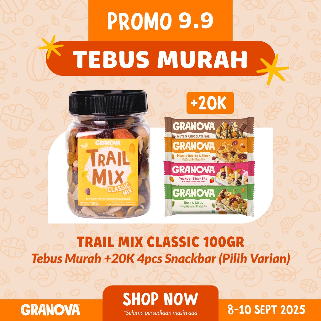 

Granova - Trail Mix Classic / Cemilan Kacang Panggang, Biji-Bijian, Buah Kering 100gr (Almond, Mete, Kismis, Biji Labu, Biji Bunga Matahari)