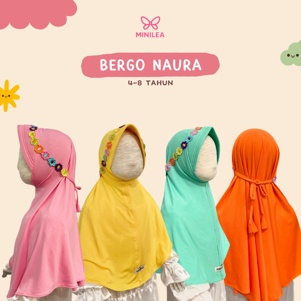 MINILEA - Bergo Naura 4-8 Tahun / Bergo Jersey Serut Jilbab Anak Kerudung Instan Pad Renda Bunga