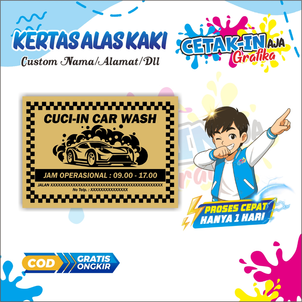 

Kertas Alas Kaki Cuci Mobil Custom – Cetak Cepat & Berkualitas | CETAK-IN AJA Grafika