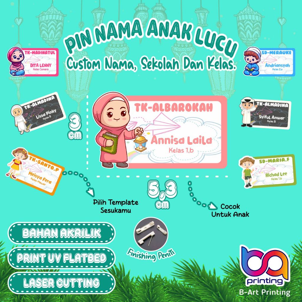 Pin Bros Akrilik Custom Nama Karakter Lucu / Nama dada Nametag anak cetak Nama / Pin Acrylic Lucu Pi