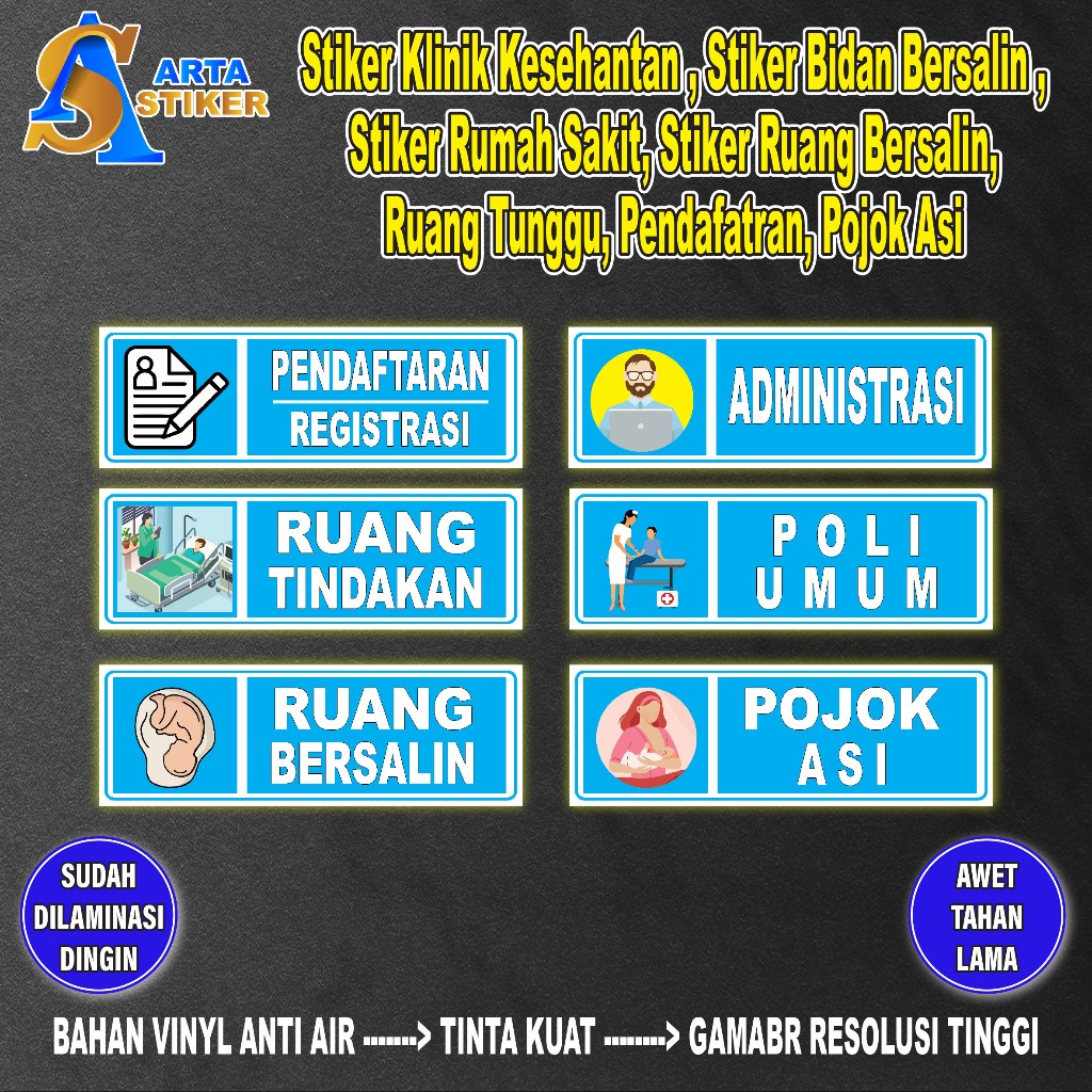 

049. Stiker Klinik Kesehantan Stiker Bidan Bersalin Stiker Rumah Sakit Stiker Ruang Bersalin, Ruang Tunggu, Pendafatran, Pojok Asi