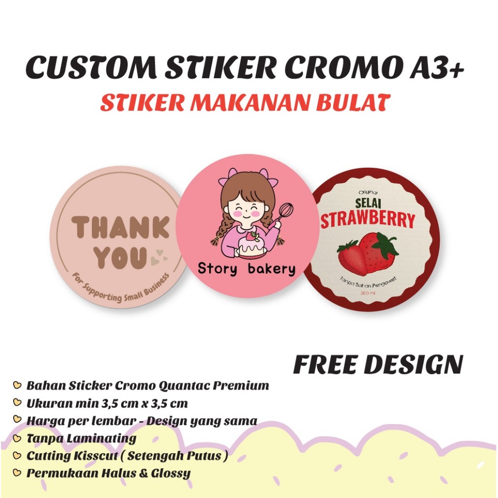 

Cetak Stiker Cromo Bulat Label Makanan Jualan Olshop Free Design Custom Chromo A3+ Print Sticker