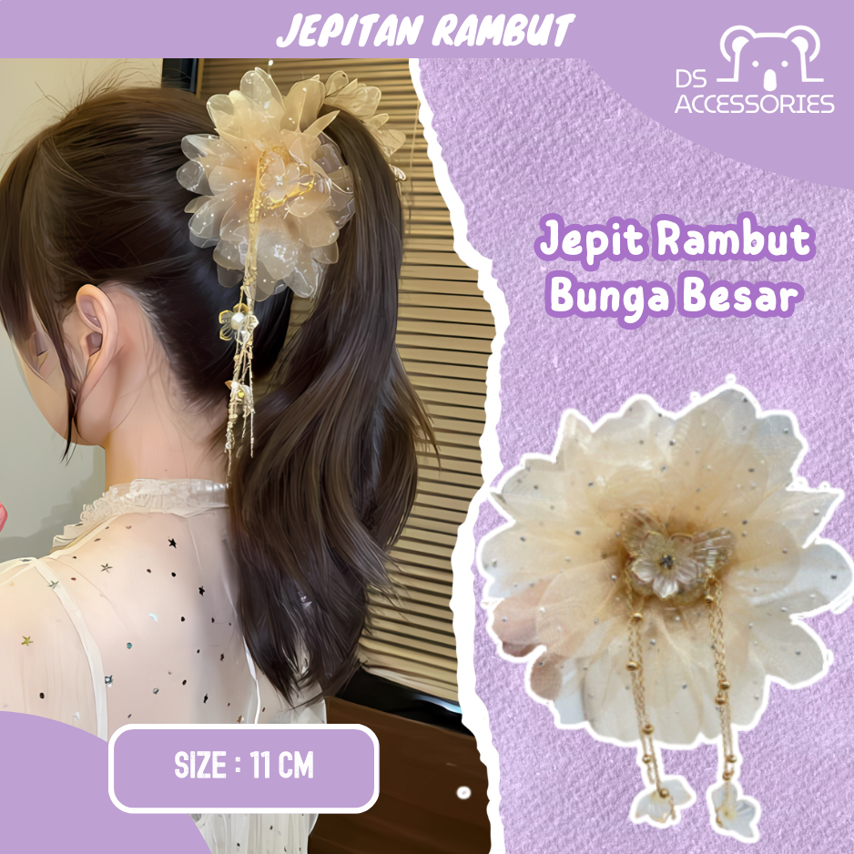 Jepit Rambut Bunga Jumbo 11cm Wanita Elegan Model Korea / Jedai Rambut Bunga Mewah dengan Hiasan Ran