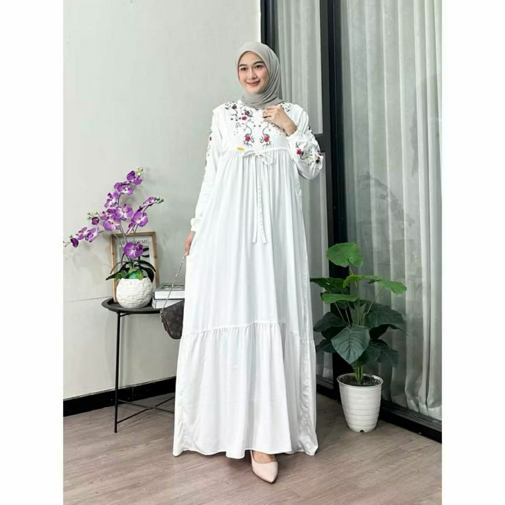 Amanda Maxi dress gamis motif bordil bunga timbul bahan rayon tuwil