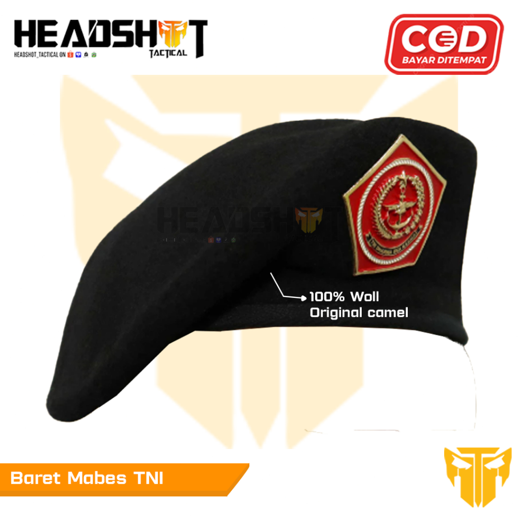 Baret Mabes TNI + Emblem Wol Premium (Camel) - Baret Camel Hitam Mabes TNI + Emblem - Baret Hitam TN