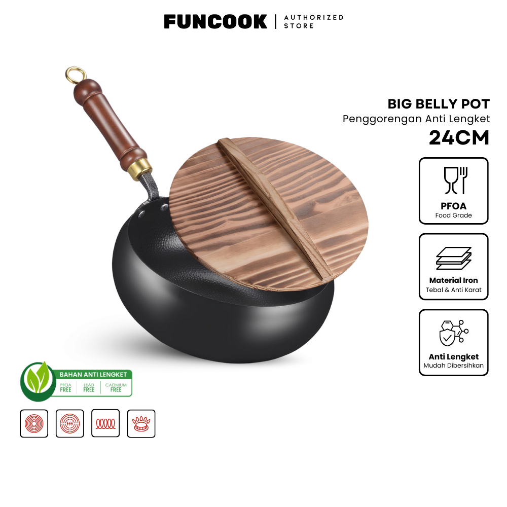 Funcook Authorized Big Belly Pot 24cm – Panci Wajan Besar Anti Lengket Food Grade Tutup Kayu / Wajan